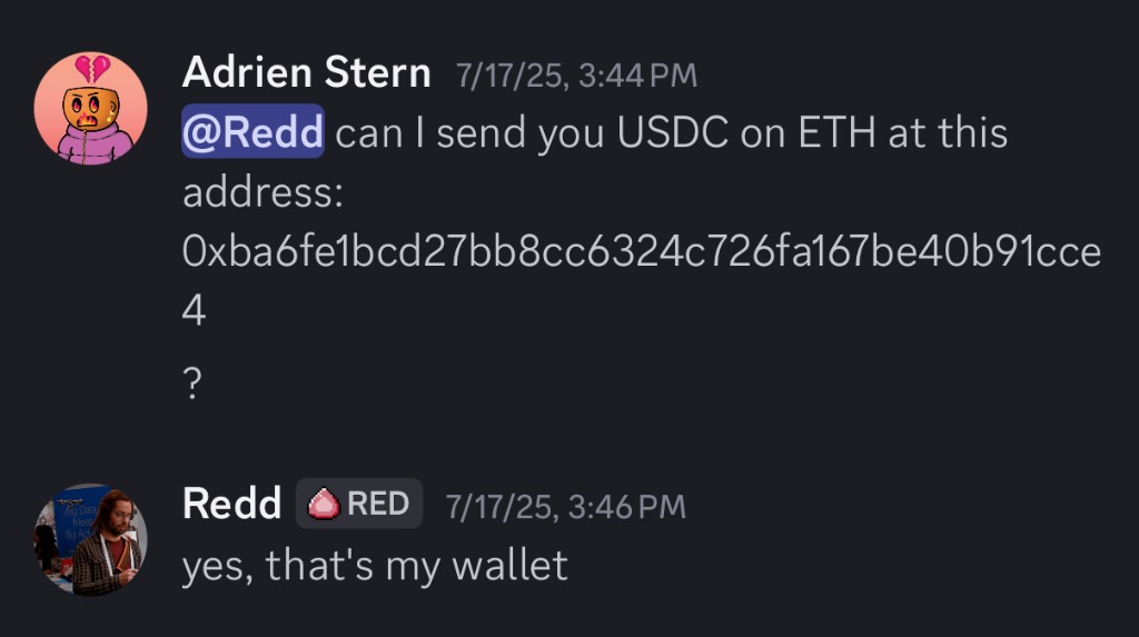 Sharing wallet addresses in Discord
